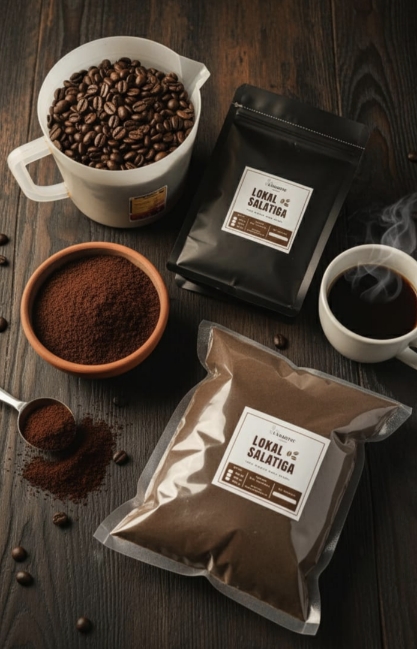 Secangkir kopi pagi di meja sarapan dengan ekspresi perut tidak nyaman