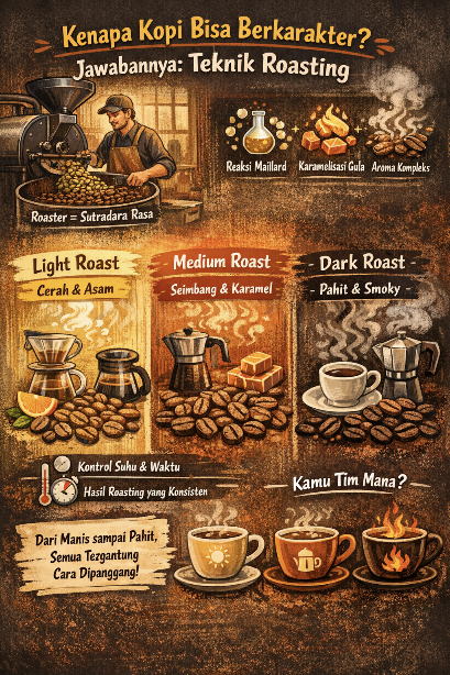 Proses roasting biji kopi dengan tingkat sangrai berbeda